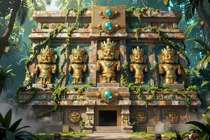 Azteken-Tempel-Slot mit goldenen G&ouml;tzenbildern und t&uuml;rkisfarbenen Edelsteinen im Dschungel