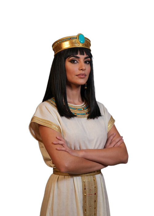 Kleopatra als k&ouml;nigliche Maskottchin von Cleobetra Casino mit goldener Ureus-Krone vor hieroglyphischem Hintergrund