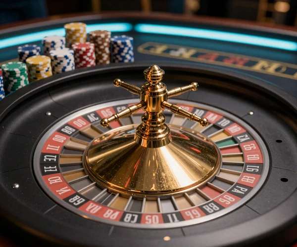Live-Casino Roulette-Tisch mit goldenem Rad und Chips bei t&uuml;rkisfarbenem Licht