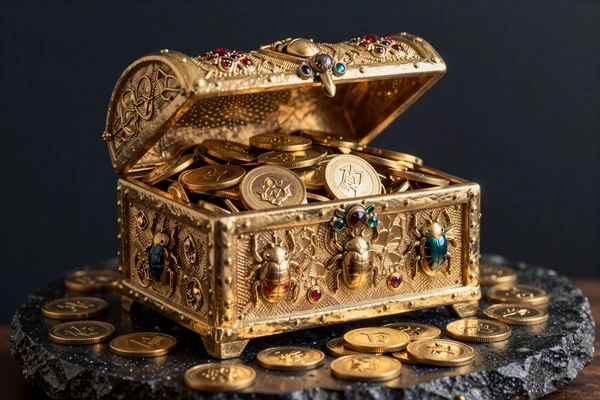 Goldene Schatztruhe mit M&uuml;nzen und Edelsteinen als Symbol f&uuml;r t&auml;gliche Bonus Crabs