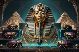 &Auml;gyptischer Pharaonen-Slot mit goldener Maske und Skarab&auml;en vor Pyramiden