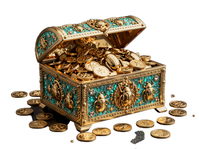 Goldene Schatztruhe mit M&uuml;nzen und Edelsteinen, verziert mit Skarab&auml;en-Motiven