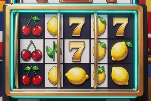 Klassischer Frucht-Slot mit Kirschen, Zitronen und goldenen Siebenen auf dunklem Hintergrund