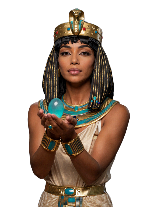 K&ouml;nigin Cleopatra h&auml;lt leuchtenden t&uuml;rkisen Edelstein als Symbol f&uuml;r sichere Zahlungen bei Cleobetra Casino