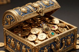 Goldene Schatztruhe mit M&uuml;nzen und Edelsteinen, dekoriert mit Skarab&auml;en-Motiven