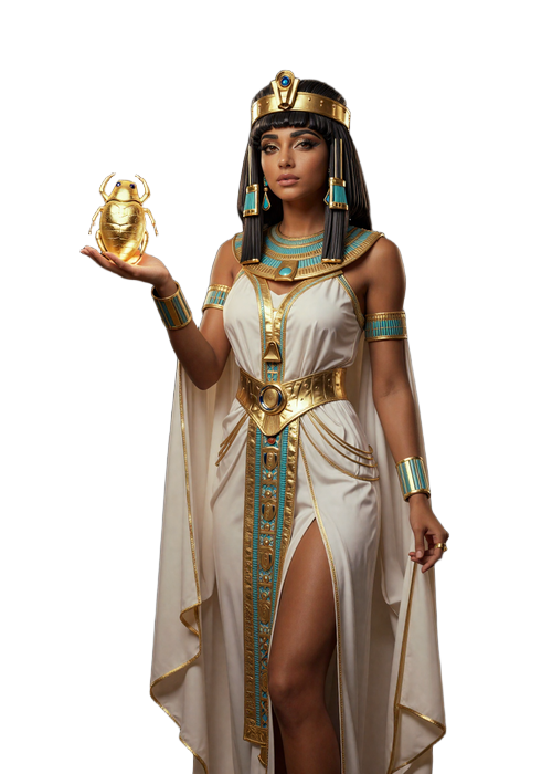 K&ouml;nigin Cleopatra als Maskottchen von Cleobetra Casino in k&ouml;niglicher Pose mit goldenem Skarab&auml;us