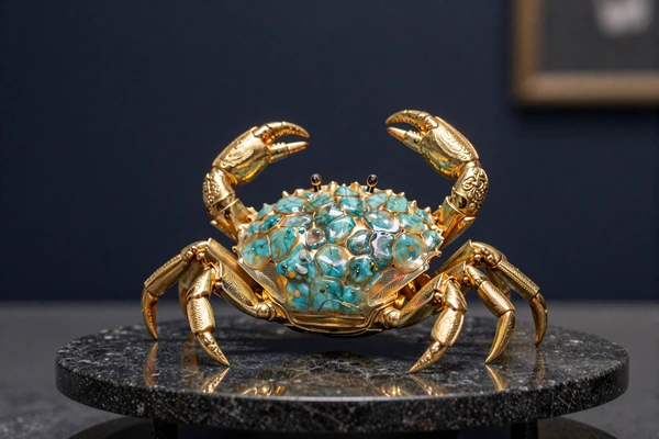 Goldene Skulptur eines Krabben-Bonus mit t&uuml;rkisfarbenem Edelstein auf Obsidiantisch