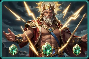Gates of Olympus Slot mit Zeus und goldenen Blitzen vor dunklem Hintergrund