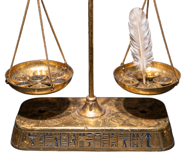 Antike &auml;gyptische Waage mit goldenen M&uuml;nzen und Feder als Symbol f&uuml;r faire Umsatzbedingungen